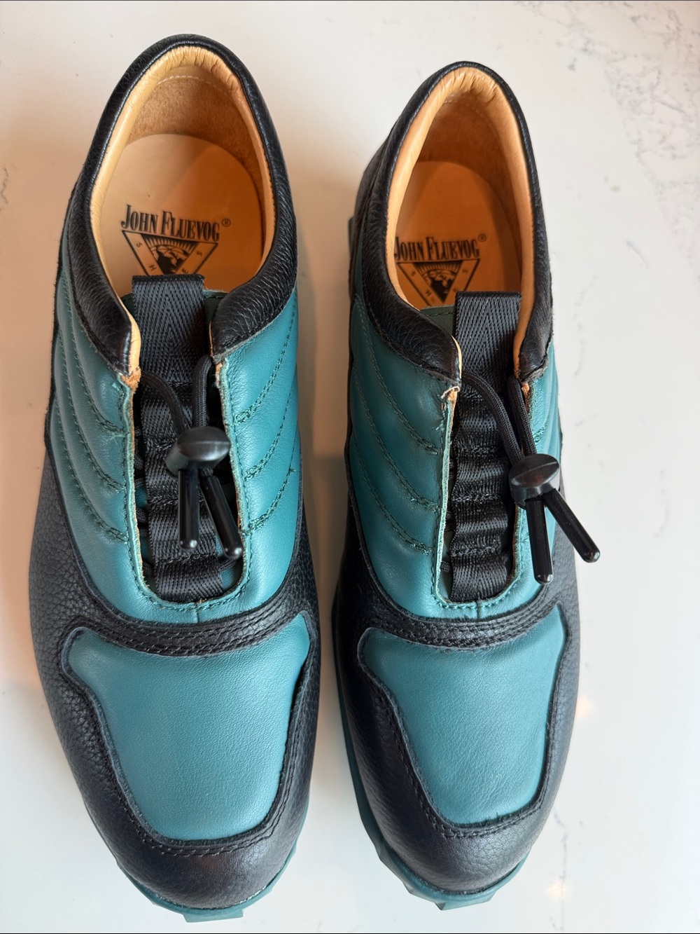 John Fluevog Meridian Leather Toggle Slip-On Shoes Black/ Teal men 9 women 11